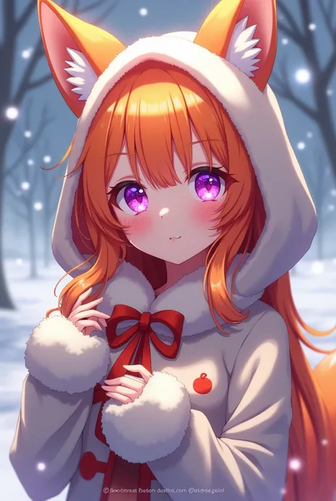 Bright orange female anime model with fox ears the same color as her eyes and sparkling purple eyes wearing a winter christmas hooded sweater with white hat and collar and red shirt