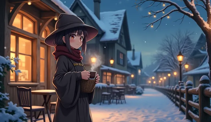 8k、 high school girl、 mature、smile、 dark brown robe、Three-cornered hat、 medieval Europe with wooden basket、 Another World、Around town、Cafe、 Wood Deck 、ホットCafeオレ、winter、snow、night、lamp、 romantic、 glitter、Anime 2D Style、Lo-Fi、LoFi、アニメ調 illustrations、 illustr...