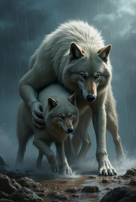 Drenched wolf saving a wet wolf