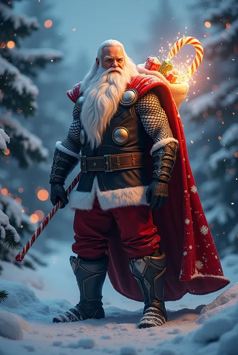 "A fascinating hybrid entity combining Thor’s godly strength and thunderous aura with Santa Claus’s festive charm stands proudly in the same snowy wonderland under a twilight sky. The creature’s upper body is that of Thor, clad in his shining Asgardian arm...