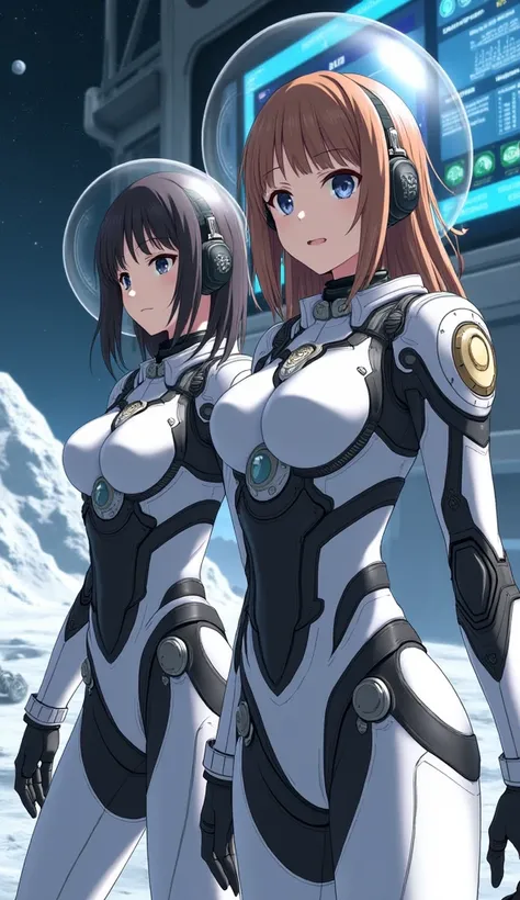 masterpiece, Highest quality, high resolution, newest, 2girls, friends, (group shot):5, (upper body):5, kyoto animation style, detailed, BREAK lunar base interior and exterior, moon surface exploration, lunar landscape, BREAK (white and black mechanical sp...