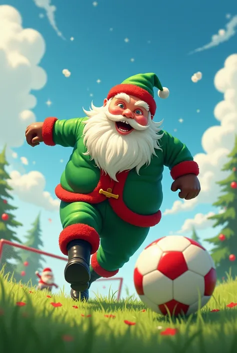 Green Santa Claus playing soccer 
