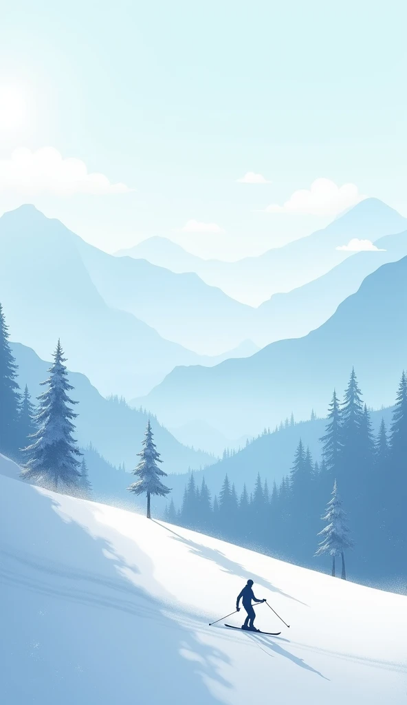 A serene, minimalistic winter landscape featuring a skier gliding down a snowy mountain in the foreground. The scene is rendered in soft, overlapping silhouettes with cool tones like icy blues and whites, accented with gentle gradients to create depth and ...