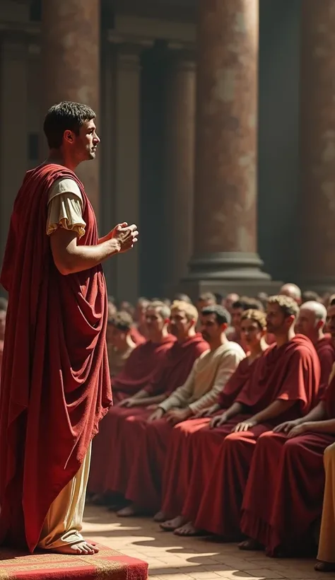 An ancient Roman courtroom scene, with Julius Caesar and a group of senators. The courtroom is grand, and Caesar stands tall, giving a speech about the importance of honor and integrity. The audience is captivated by his words.do pictures. this prompt will...