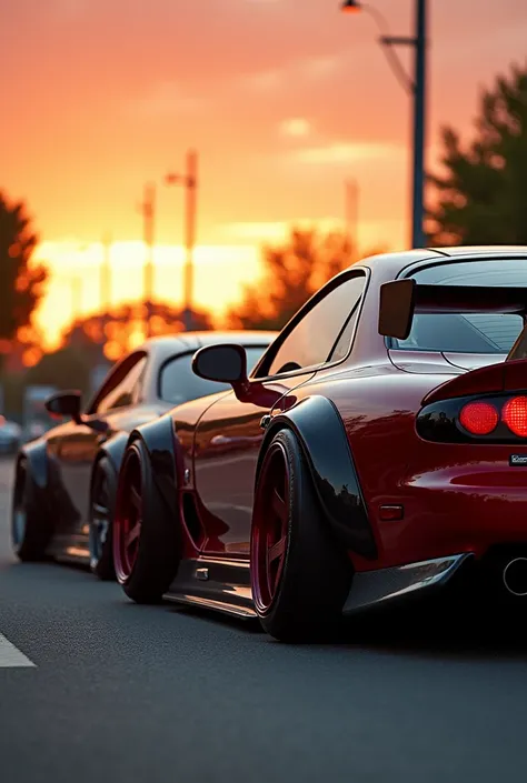 Widebody Rx-7 next to a Toyota Supra With widebody and big spoiler both parked in a sunset
