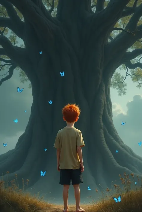 A realistic red headed boy, pale skin, bege t-shirt and black shorts, barefoot...in front of a hyper tall tree. Dark ambience, blue butterflies, his back facing the camera, hes looking to the tree, the tree in in front of him, realistic photorealistic phot...