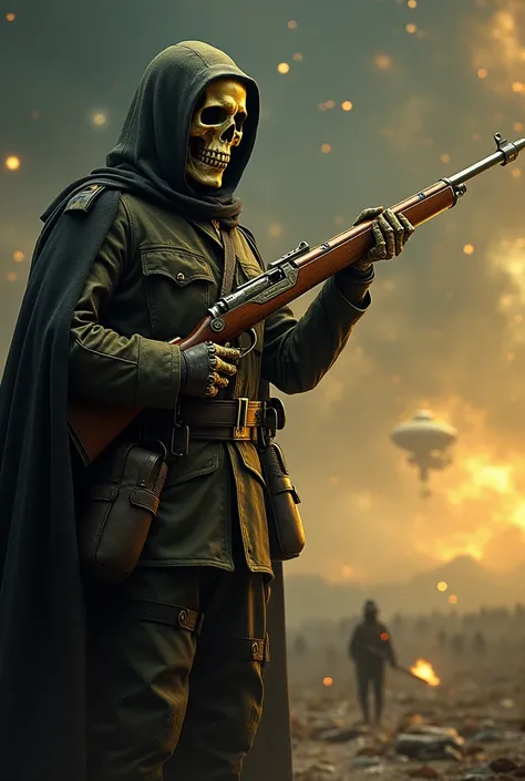 Grim reaper in ww1 uniform aiming with gold skin gewehr 98 sniper rifle with bayonet. Gewehr must have gold skin like in battlefield 5 and be bolt action gewehr 98 from ww1. He must look mysterious , and background is universe and war 