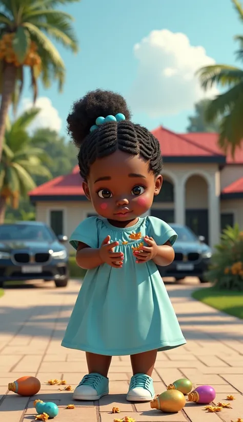 A picture of a  plumpy beautiful light skinned black girl with well braided skirt hair wearing a very clean baby blue baby gown with treats on her cheeks as she cries, holding the broken pieces of a toy in both hands on the drive-in of a beautiful bungalow...