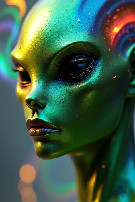 Up close and shiny metallic male green alien humanoid up close facing front. It has a slitted type of nose and is surrounded by rainbow-coloured waves