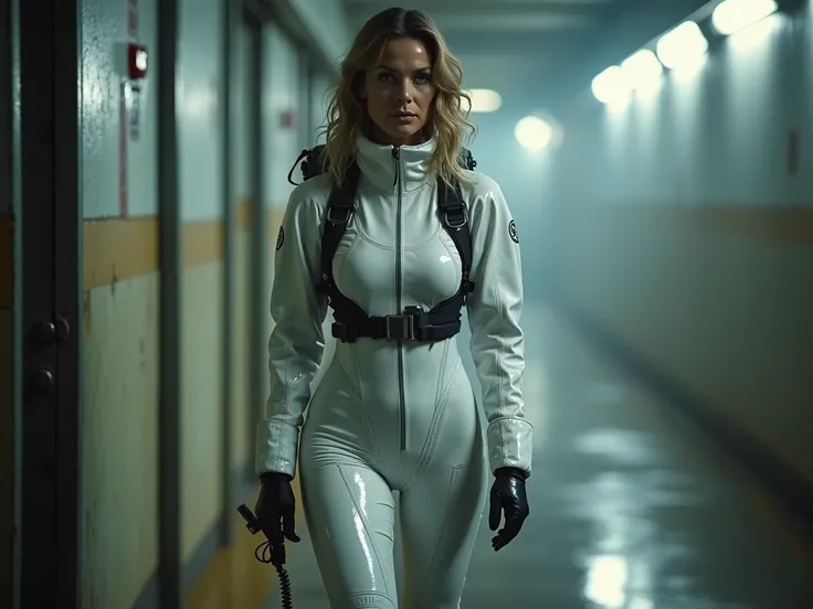 Sexy 40  years old  women wearing  white sexy scuba suit  hazmatsuit  equipment, searching for  biohazard  situation  inside a building with  5 minutes of air in her equipment left