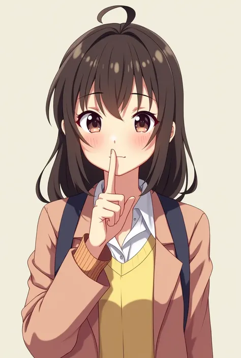 Student girl with a finger in her mouth telling her to shut up, Plano frontal