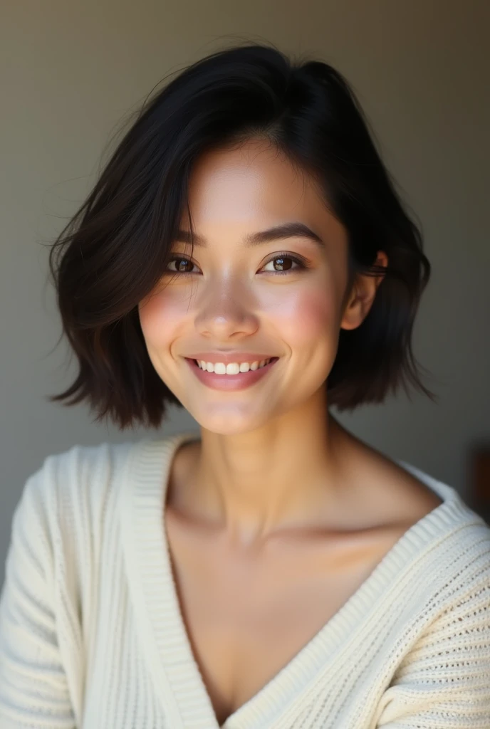  A woman with short hair and dark hair is wearing a white knit showing her ears。
Smiling expression 