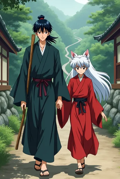 Miraku is a young man with dark brown eyes and short black hair pulled back, wearing a Japanese priests robe and holding a wooden staff. He walks with Inuyasha, a boy with long white hair and dog ears, wearing a red robe. 