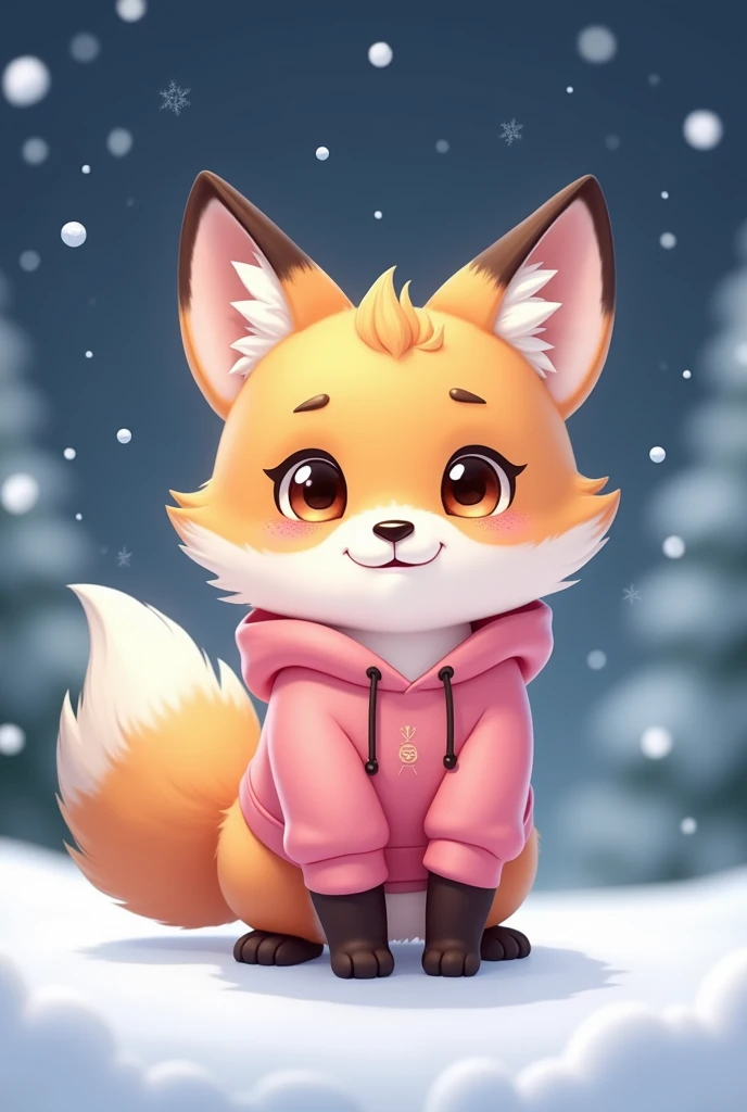 Fox furry, cute, snow, night time, in a pink hoodie, happy, 