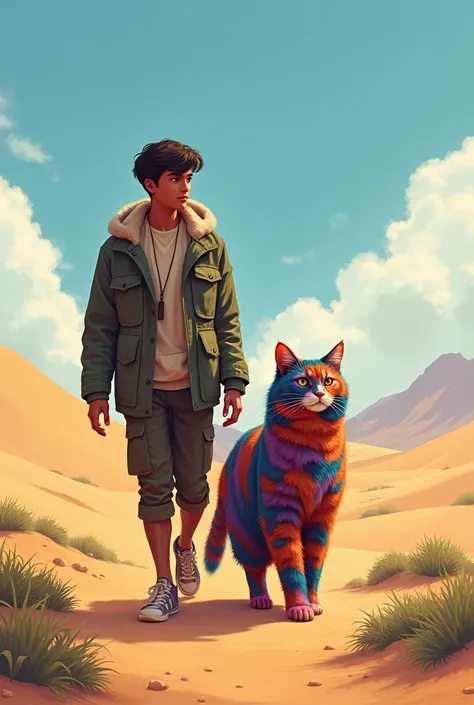 A young man walks side by side with a fat cat with a thick coat pattern of colorful colors
Desert plot background