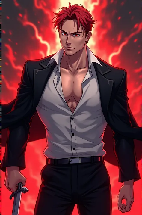 Créer une illustration de style anime dun personnage masculin avec des cheveux rouges éclatants, un torse musclé et une chemise blanche ouverte avec des boutons noirs. Le personnage doit porter une veste noire élégante et tenir un sabre dans une main. Des ...