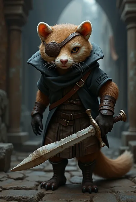 Weasel assassin from Dungeons and Dragons that has an eyepatch and a dagger made out of a huge and sharp tooth.