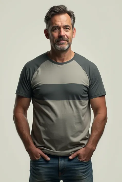 30-year-old realistic man wearing gray and lead striped short sleeve t-shirt and jeans