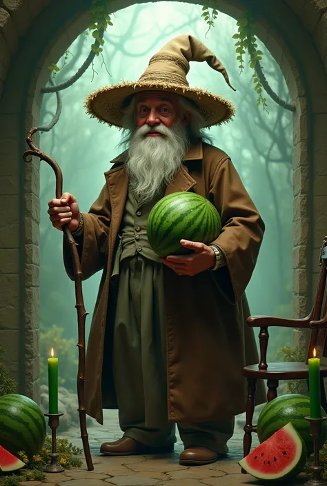 Create an image of a charismatic and playful being , He appears in the portals as an old man with a dry straw hat,  cane and requesting his leather chair ,  in black coffee and with a watermelon cut in half under his arm,  rather than being tied to his don...