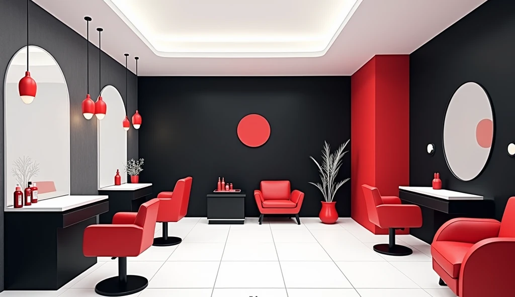 A beauty salon in black, red, white and gray. It is a cartoon that is free of humans without people. The ceiling is white, the star is not the black wall