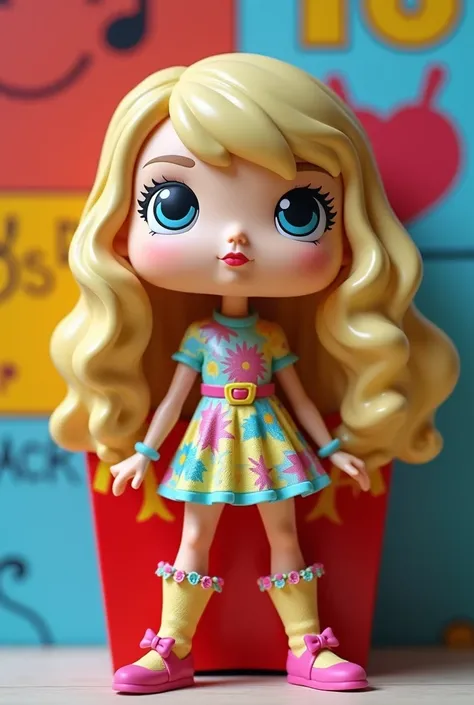 Create an image of a Taylor Swift-inspired Funko toy figure created for McDonalds happy boxes