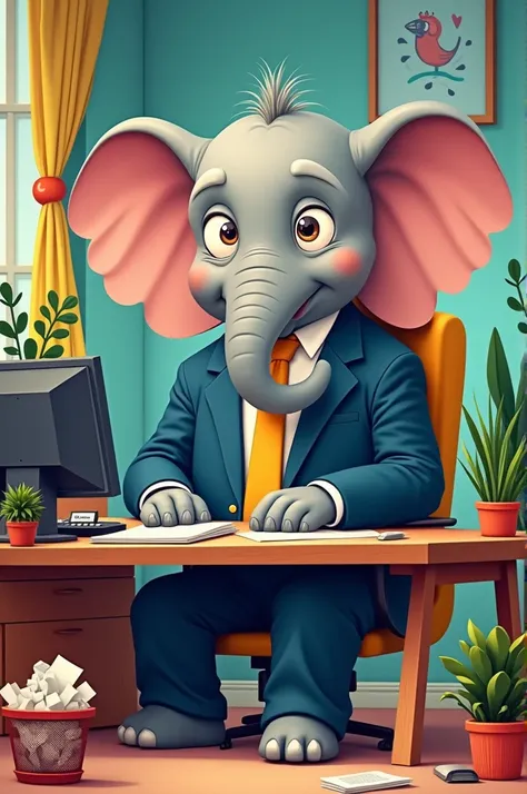 An elephant, wearing a business-style blue suit and gold tie, working in a cartoon-like office.