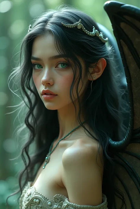 The  has long hair,  dark and wavy features with a slight silver sheen ,  intense emerald green eyes ,  and a delicate face with strong ,  inherited from Azriel and Eryndra .  Her skin is clear and smooth ,  with a natural glow .  The wings are large and p...