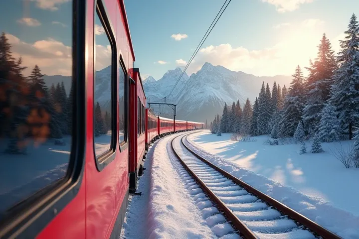  An inspiring train journey scene :  in the foreground view from the train window — sparkling rails , going into the distance,  The snowy expanses of Siberia or the picturesque Alpine valleys of Switzerland . In the distance — mountain peaks ,  forests or ...