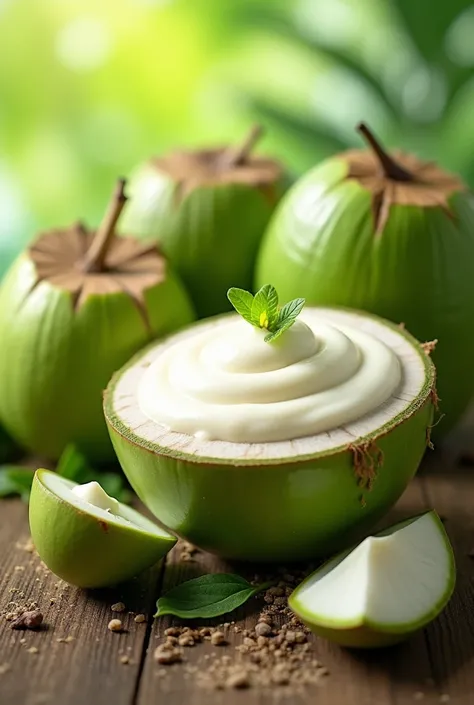 Green coconut pudding promoting image where green coconuts are visible and the pudding is white