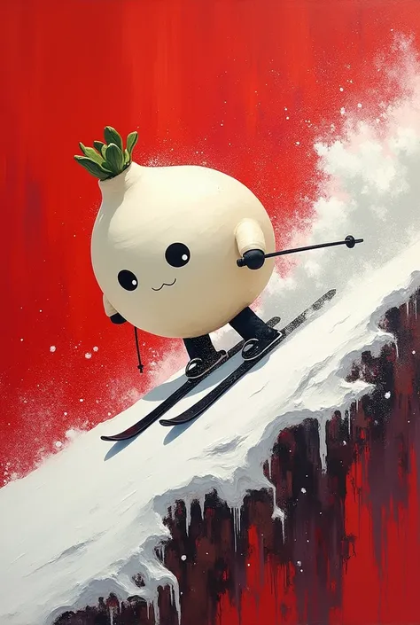 masterpiece,two-color style,only use two-color abstract painting in (dark red) and (black), emphasizes tension and dynamic energetic movement of ski sprinter, (a big Cute Japanese white radish character) ,shimmering the radish surface,downhill skiing, the ...