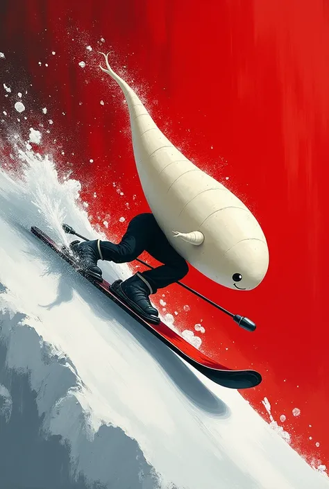 masterpiece,two-color style,only use two-color abstract painting in (dark red) and (black), emphasizes tension and dynamic energetic movement of ski sprinter, (a long cute Japanese white radish character) ,shimmering the radish surface,downhill skiing, the...