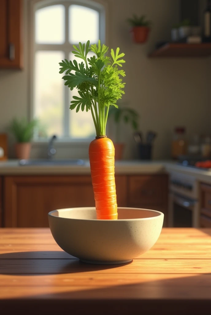 A carrot is placed in a bowl on the table. ‍size 9:16