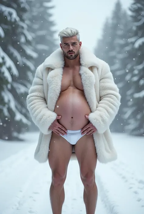 1 guy, pregnant man, handsome man with huge belly, mpreg belly, the man is wearing a white fur coat and white brief, standing in the middle of the falling snow in winter, innovation, more real, the color hair man is white 