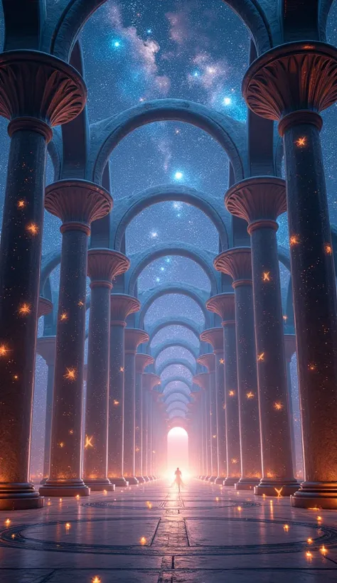 A cosmic cathedral made of stars and light, with zodiac symbols glowing vibrantly on celestial pillars. The entire space feels sacred, with beams of light connecting the constellations, while soft, ethereal energy flows gently through the scene.