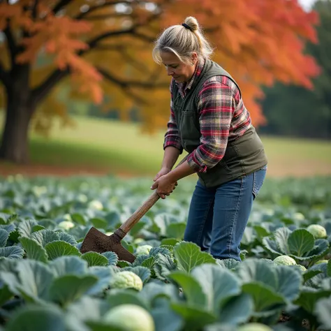 A woman tends her crop (yuna, dressed sensibly, farmer, work clothes, hoe) is working her field of cabbages. Ringing her small field ar oak tres whose leaves are turning red and orange in the cooler weatter.
