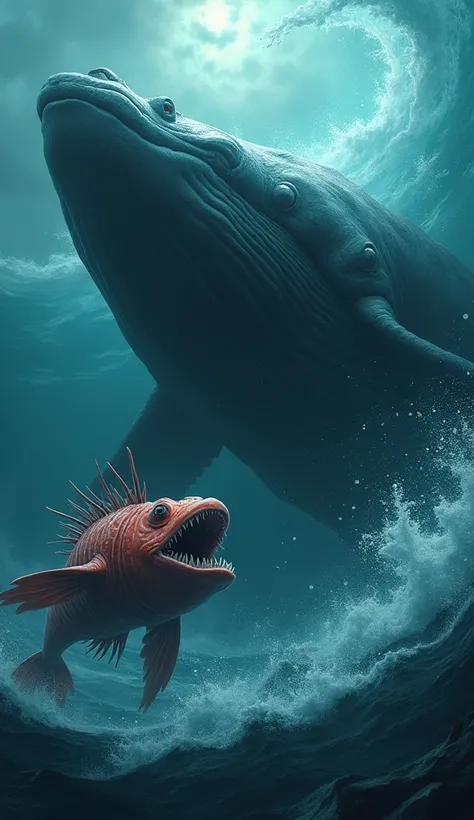 Create a dramatic 4K scene where a Humpback Whale and a Pufferfish are facing off in fury. Both are in a vast, deep ocean with a dark bottom and choppy waters. The Humpback Whale is displaying its large, imposing movements, with its eyes wide open in anger...