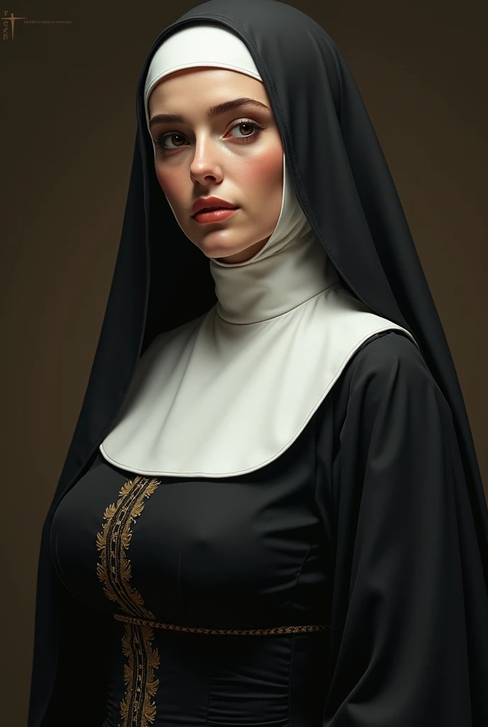 A woman,  dressed as an extremely beautiful nun , of about 30 years, Looking at the front that it is voluptuous