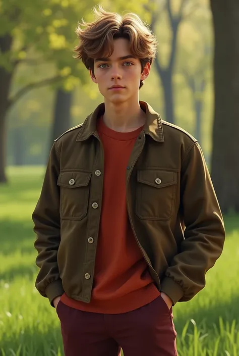 (photorealism:1.2), Canadian boy age 19, Light brown box Fade hair, light green Eyes, wearing brown jacket, Red Maroon Shirt, Brown and red maroon Pants, Black shoes, outside Park.