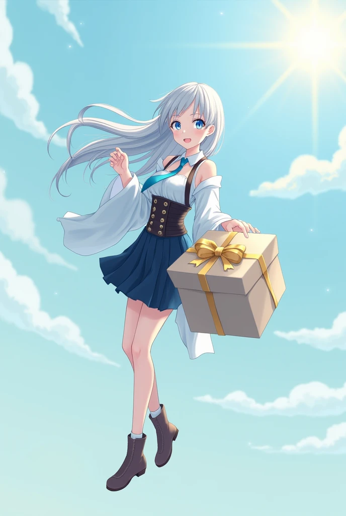 Please create an exquisite illustration that reminds me of Makoto Shinkais style 。Im about  、 has beautiful long silver hair and clear light blue eyes 、 white yukata with shoulders out 、 black corset 、 black skirt、 brown leather boots 、 white sleeveless wi...