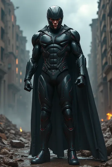 Create an image of Aegis Dei, a superhero in a sleek, black, high-tech suit with glowing blue accents. His suit is damaged, with scorch marks and dents from a recent battle. His helmet is cracked, revealing a tired, determined face with sweat and blood. He...