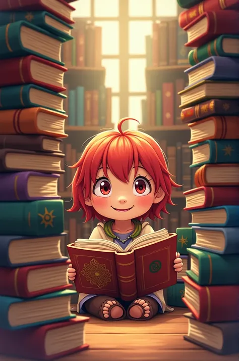 Happy ren behind books