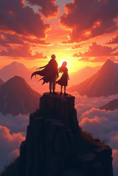 Deidara avec une femme sur une montagne qui regarde le coucher de soleil