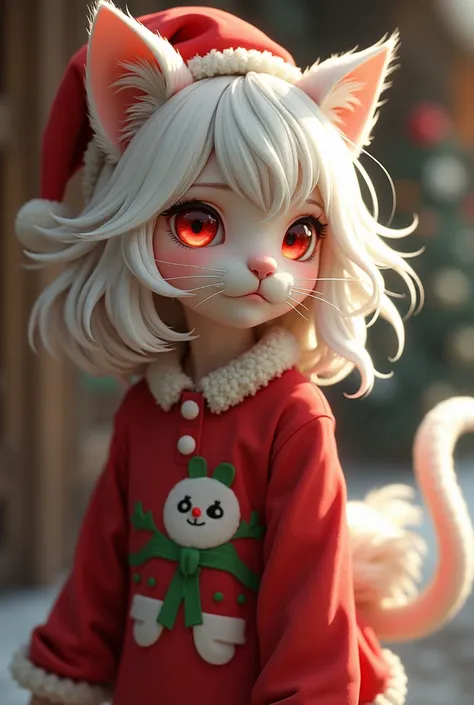 Cat girl,  white hair , dark red eyes, Christmas shirt, christmas hat