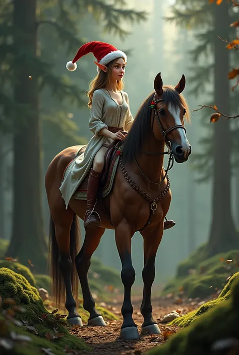 An image of an elf with a Christmas hat in the forest looking away on top of a horse and make it realistic 