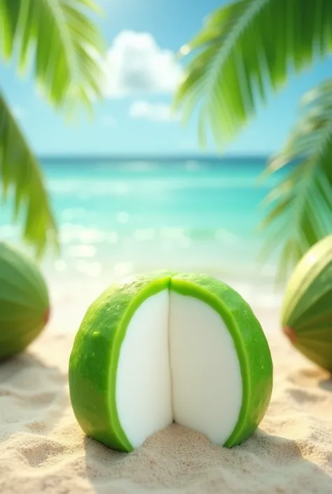 Green coconut jelly promotional image half cut where green coconuts and beach should be visible and without any garnishing on the top of the jelly and the color will be white colour 