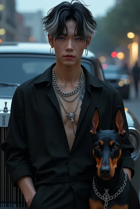 guy 20 years old,Korean appearance,height 178, He has blue eyes ,he has black hair with white strands,he also has a tattoo in the form of flowers,he has a pierced ear,he is wearing a black shirt and black pants,on his neck sparkled silver chains,and at his...