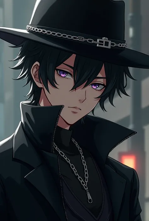 create an anime boy character with black jacket black fedora hat silver chain and serious face black hair