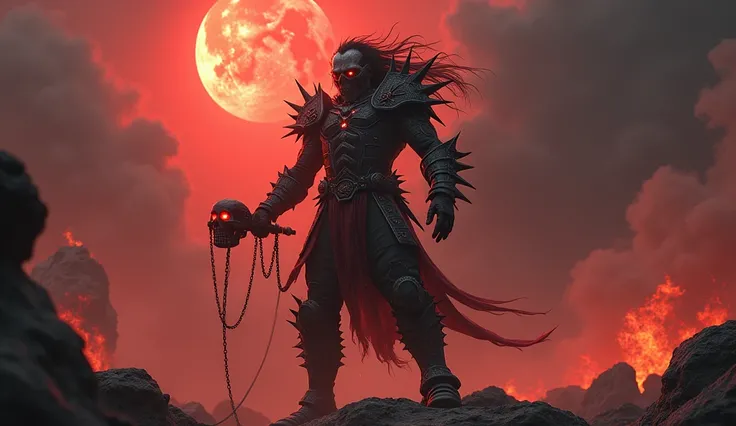 A towering lead singer, standing atop jagged rocks in the heart of a fiery wasteland. He grips a glowing skull-shaped microphone with both hands, his blackened armor adorned with faintly glowing red runes and jagged spikes. Chains dangle from his shoulders...