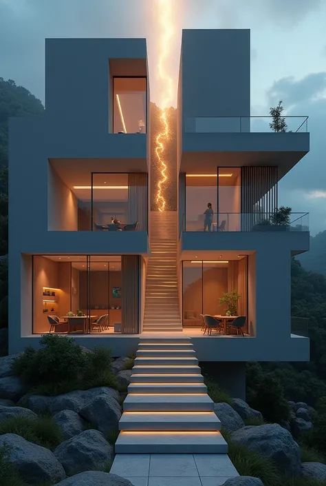  a house in which the design is based on the creation of spaces differentiated by different levels of privacy organized around a main vertical axis:  a ladder that represents the ascent to heaven 
1 .  hierarchy of privacy :
public area (First Level):  ope...