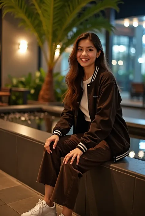  A beautiful Indonesian woman, white and manicured face ,  slightly chubby body ,  smiling,  long brown hairstyle ,  wearing a dark brown baseball jacket, brown jeans trousers  , white sneakers ,  sitting by the wall of a minimalist fish pond in a cafe,  o...